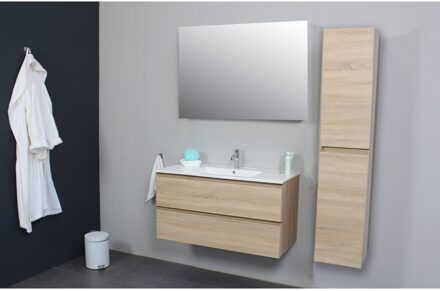 Boss & Wessing Badkamermeubel Boss & Wessing Pepper Wastafel Porselein Incl Spiegel En Kraangat 100x55x46 cm Eiken Boss & Wessing