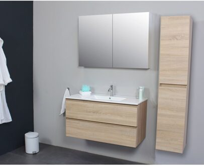 Boss & Wessing Badkamermeubel Boss & Wessing Pepper Wastafel Porselein Met Kraangat 100x55x46 cm Eiken Boss & Wessing