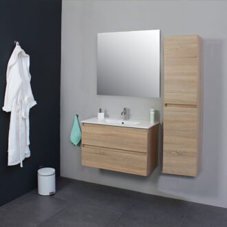 Boss & Wessing Badkamermeubel Boss & Wessing Pepper Wastafel Porselein Met Kraangat 80x55x46 cm Eiken Boss & Wessing