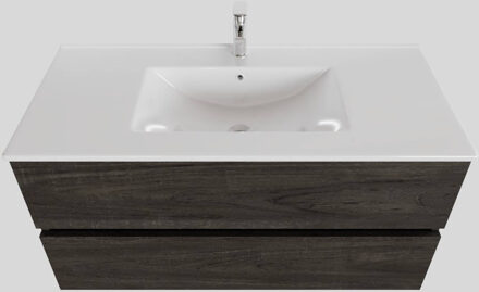 Boss & Wessing Badkamermeubel BWS Helsinki 100x46cm Keramiek Midden Wood Dark Brown 2 Laden (1 kraangat) Houtlook