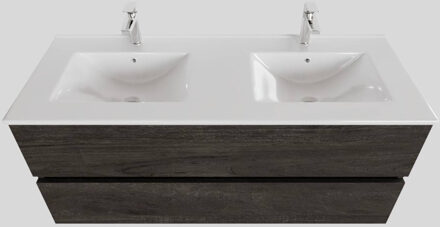 Boss & Wessing Badkamermeubel BWS Helsinki 120x46cm Keramiek Dubbel Wood Dark Brown 2 Laden (2 kraangaten) Houtlook