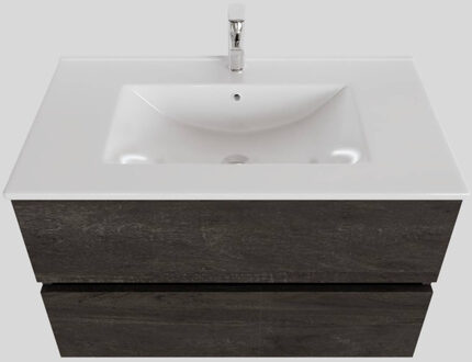 Boss & Wessing Badkamermeubel BWS Helsinki 80x46cm Keramiek Wood Dark Brown 2 Laden (1 kraangat) Houtlook