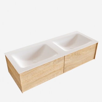 Boss & Wessing Badkamermeubel BWS Madrid Washed Oak 120x45x30 cm Mat Witte Solid Surface Wastafel Dubbel (2 lades, 2 kraangaten)