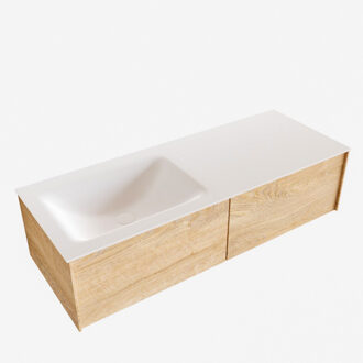 Boss & Wessing Badkamermeubel BWS Madrid Washed Oak 120x45x30 cm Mat Witte Solid Surface Wastafel Links (2 lades, 0 kraangaten)