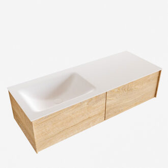 Boss & Wessing Badkamermeubel BWS Madrid Washed Oak 120x45x30 cm Mat Witte Solid Surface Wastafel Links (2 lades, 1 kraangat)