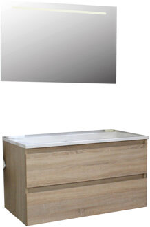 Boss & Wessing Badkamermeubel BWS Pepper Acryl Wastafel Incl Spiegel Met LED Verlichting Met 2 Kraangaten 100x55x46 cm Eiken