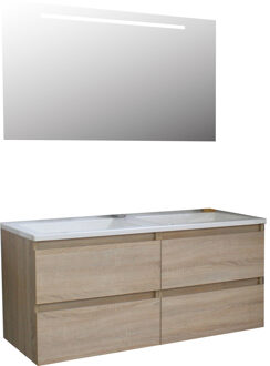 Boss & Wessing Badkamermeubel BWS Pepper Acryl Wastafel Incl Spiegel Met LED Verlichting Met 2 Kraangaten 120x55x46 cm Eiken