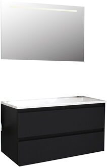 Boss & Wessing Badkamermeubel BWS Pepper Acryl Wastafel Incl Spiegel Met LED Verlichting Zonder Kraangat 100x55x46 cm Mat Zwart