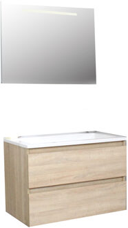 Boss & Wessing Badkamermeubel BWS Pepper Acryl Wastafel Incl Spiegel Met LED Verlichting Zonder Kraangat 80x55x46 cm Eiken