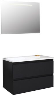 Boss & Wessing Badkamermeubel BWS Pepper Acryl Wastafel Incl Spiegel Met LED Verlichting Zonder Kraangat 80x55x46 cm Mat Zwart