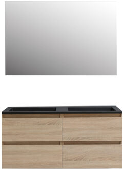 Boss & Wessing Badkamermeubel BWS Pepper Acryl Wastafel Mat Zwart Incl Spiegel Met 2 Kraangaten 120x55x46 cm Eiken