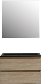 Boss & Wessing Badkamermeubel BWS Pepper Acryl Wastafel Mat Zwart Incl Spiegel Met Kraangat 80x55x46 cm Eiken