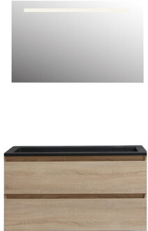 Boss & Wessing Badkamermeubel BWS Pepper Acryl Wastafel Mat Zwart Incl Spiegel Met LED Verlichting Met 2 Kraangaten 100x55x46 cm Eiken