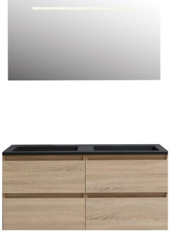 Boss & Wessing Badkamermeubel BWS Pepper Acryl Wastafel Mat Zwart Incl Spiegel Met LED Verlichting Met 2 Kraangaten 120x55x46 cm Eiken