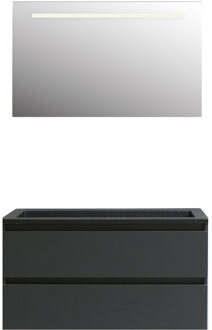 Boss & Wessing Badkamermeubel BWS Pepper Acryl Wastafel Mat Zwart Incl Spiegel Met LED Verlichting Met Kraangat 100x55x46 cm Antraciet