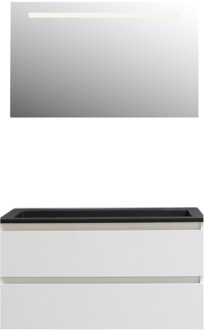 Boss & Wessing Badkamermeubel BWS Pepper Acryl Wastafel Mat Zwart Incl Spiegel Met LED Verlichting Met Kraangat 100x55x46 cm Wit