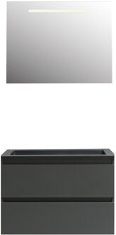 Boss & Wessing Badkamermeubel BWS Pepper Acryl Wastafel Mat Zwart Incl Spiegel Met LED Verlichting Met Kraangat 80x55x46 cm Antraciet
