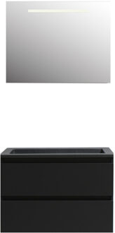 Boss & Wessing Badkamermeubel BWS Pepper Acryl Wastafel Mat Zwart Incl Spiegel Met LED Verlichting Met Kraangat 80x55x46 cm Mat Zwart