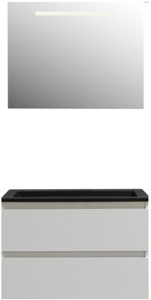 Boss & Wessing Badkamermeubel BWS Pepper Acryl Wastafel Mat Zwart Incl Spiegel Met LED Verlichting Met Kraangat 80x55x46 cm Wit
