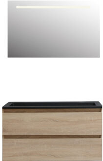 Boss & Wessing Badkamermeubel BWS Pepper Acryl Wastafel Mat Zwart Incl Spiegel Met LED Verlichting Zonder Kraangat 100x55x46 cm Eiken