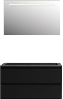 Boss & Wessing Badkamermeubel BWS Pepper Acryl Wastafel Mat Zwart Incl Spiegel Met LED Verlichting Zonder Kraangat 100x55x46 cm Mat Zwart