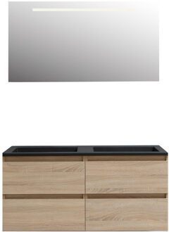 Boss & Wessing Badkamermeubel BWS Pepper Acryl Wastafel Mat Zwart Incl Spiegel Met LED Verlichting Zonder Kraangat 120x55x46 cm Eiken