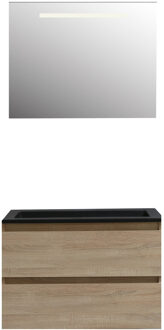 Boss & Wessing Badkamermeubel BWS Pepper Acryl Wastafel Mat Zwart Incl Spiegel Met LED Verlichting Zonder Kraangat 80x55x46 cm Eiken