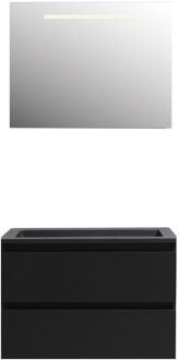 Boss & Wessing Badkamermeubel BWS Pepper Acryl Wastafel Mat Zwart Incl Spiegel Met LED Verlichting Zonder Kraangat 80x55x46 cm Mat Zwart