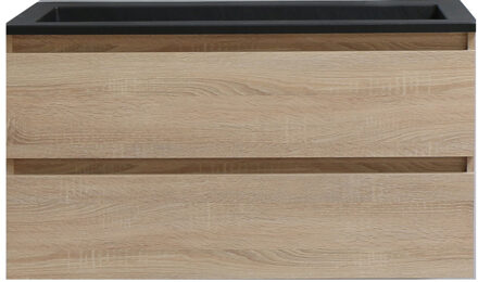 Boss & Wessing Badkamermeubel BWS Pepper Acryl Wastafel Mat Zwart Met 2 Kraangaten 100x55x46 cm Eiken