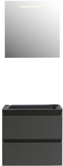 Boss & Wessing Badkamermeubel BWS Pepper Acryl Wastafel Mat Zwart Met Kraangat Inclusief Spiegel Met LED Verlichting 60x55x46 cm Antraciet