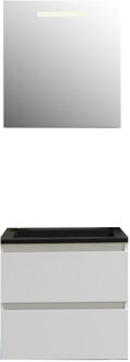 Boss & Wessing Badkamermeubel BWS Pepper Acryl Wastafel Mat Zwart Met Kraangat Inclusief Spiegel Met LED Verlichting 60x55x46 cm Wit