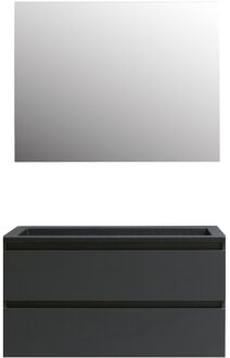 Boss & Wessing Badkamermeubel BWS Pepper Acryl Wastafel Mat Zwart Zonder Kraangat Inclusief Spiegel 100x55x46 cm Antraciet