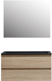 Boss & Wessing Badkamermeubel BWS Pepper Acryl Wastafel Mat Zwart Zonder Kraangat Inclusief Spiegel 100x55x46 cm Eiken