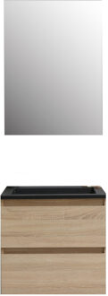 Boss & Wessing Badkamermeubel BWS Pepper Acryl Wastafel Mat Zwart Zonder Kraangat Inclusief Spiegel 60x55x46 cm Eiken