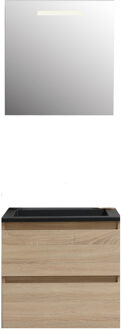 Boss & Wessing Badkamermeubel BWS Pepper Acryl Wastafel Mat Zwart Zonder Kraangat Inclusief Spiegel Met LED Verlichting 60x55x46 cm Eiken