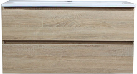 Boss & Wessing Badkamermeubel BWS Pepper Acryl Wastafel Met Kraangat Inclusief Spiegel 100x55x46 cm Eiken