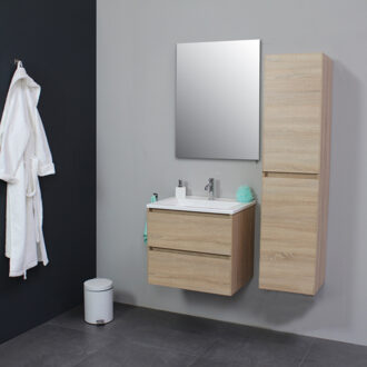 Boss & Wessing Badkamermeubel BWS Pepper Acryl Wastafel Met Kraangat Inclusief Spiegel 60x55x46 cm Eiken