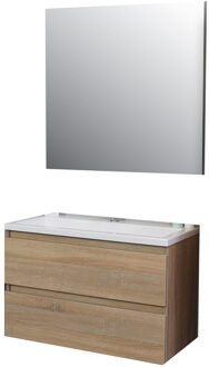 Boss & Wessing Badkamermeubel BWS Pepper Acryl Wastafel Met Kraangat Inclusief Spiegel 80x55x46 cm Eiken