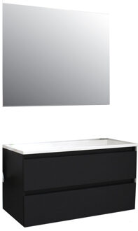 Boss & Wessing Badkamermeubel BWS Pepper Acryl Wastafel Twee Kraangaten Incl Spiegel 100x55x46 cm Mat Zwart