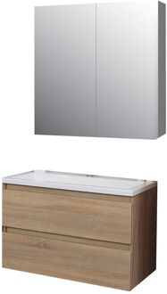 Boss & Wessing Badkamermeubel BWS Pepper Wastafel Acryl Incl Spiegelkast 2 Deurs Met Kraangat 80x55x46 cm Eiken