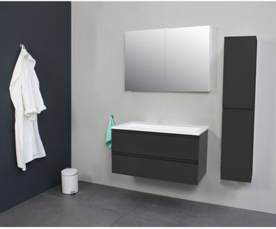Boss & Wessing Badkamermeubel BWS Pepper Wastafel Acryl Incl Spiegelkast 2 Deurs Zonder Kraangat 100x55x46 cm Antraciet Boss & Wessing