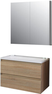 Boss & Wessing Badkamermeubel BWS Pepper Wastafel Acryl Incl Spiegelkast 2 Deurs Zonder Kraangat 80x55x46 cm Eiken