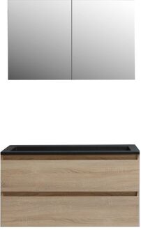 Boss & Wessing Badkamermeubel BWS Pepper Wastafel Acryl Mat Zwart Incl Spiegelkast 2 Deurs Met 2 Kraangaten 100x55x46 cm Eiken