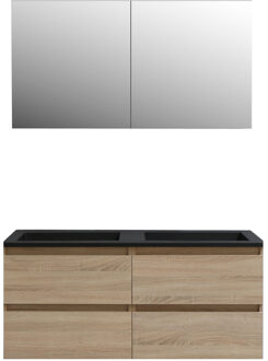 Boss & Wessing Badkamermeubel BWS Pepper Wastafel Acryl Mat Zwart Incl Spiegelkast 2 Deurs Met 2 Krgtn 120x55x46 cm Eiken