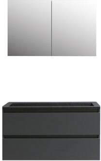 Boss & Wessing Badkamermeubel BWS Pepper Wastafel Acryl Mat Zwart Incl Spiegelkast 2 Deurs Met Kraangat 100x55x46 cm Antraciet