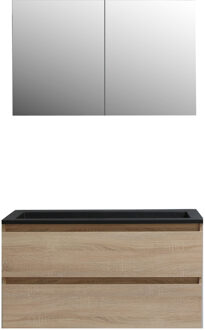 Boss & Wessing Badkamermeubel BWS Pepper Wastafel Acryl Mat Zwart Incl Spiegelkast 2 Deurs Met Kraangat 100x55x46 cm Eiken