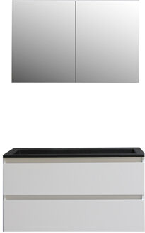 Boss & Wessing Badkamermeubel BWS Pepper Wastafel Acryl Mat Zwart Incl Spiegelkast 2 Deurs Met Kraangat 100x55x46 cm Wit