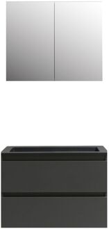 Boss & Wessing Badkamermeubel BWS Pepper Wastafel Acryl Mat Zwart Incl Spiegelkast 2 Deurs Met Kraangat 80x55x46 cm Antraciet