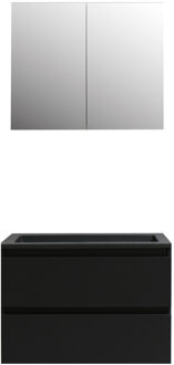 Boss & Wessing Badkamermeubel BWS Pepper Wastafel Acryl Mat Zwart Incl Spiegelkast 2 Deurs Met Kraangat 80x55x46 cm Mat Zwart