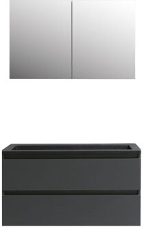 Boss & Wessing Badkamermeubel BWS Pepper Wastafel Acryl Mat Zwart Incl Spiegelkast 2 Deurs Zonder Kraangat 100x55x46 cm Antraciet